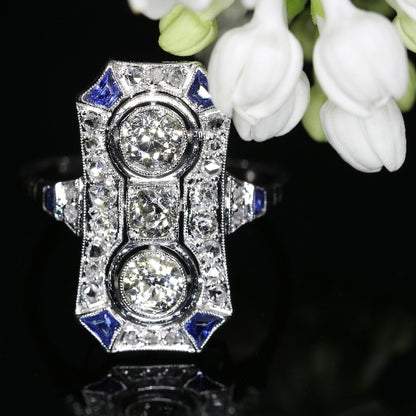 Art Deco Diamond Two Stone Plaque Ring with Sapphire