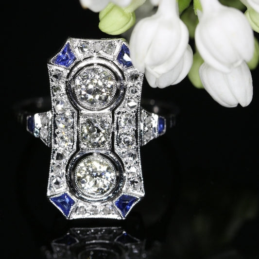 Art Deco Diamond Two Stone Plaque Ring with Sapphire