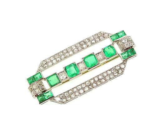 Antique Art Deco Columbian Emerald and Diamond Plaque Brooch