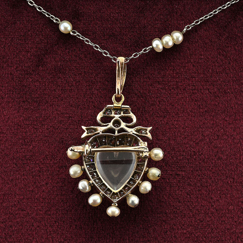 Victorian Antique Carved 3ct Moonstone Heart 1.40ct Old Mine Cut Diamond and Natural Pearl Pendant come Brooch