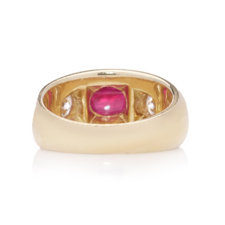 Vintage Bvlgari 1.29ct Burma Ruby and Old European Cut Diamond Three Stone Gypsy Ring in 18ct Yellow Gold