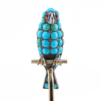 Early Victorian Antique Turquoise Parrot Stick Pin Brooch with Ruby Eyes, Late 19th century Circa 1840