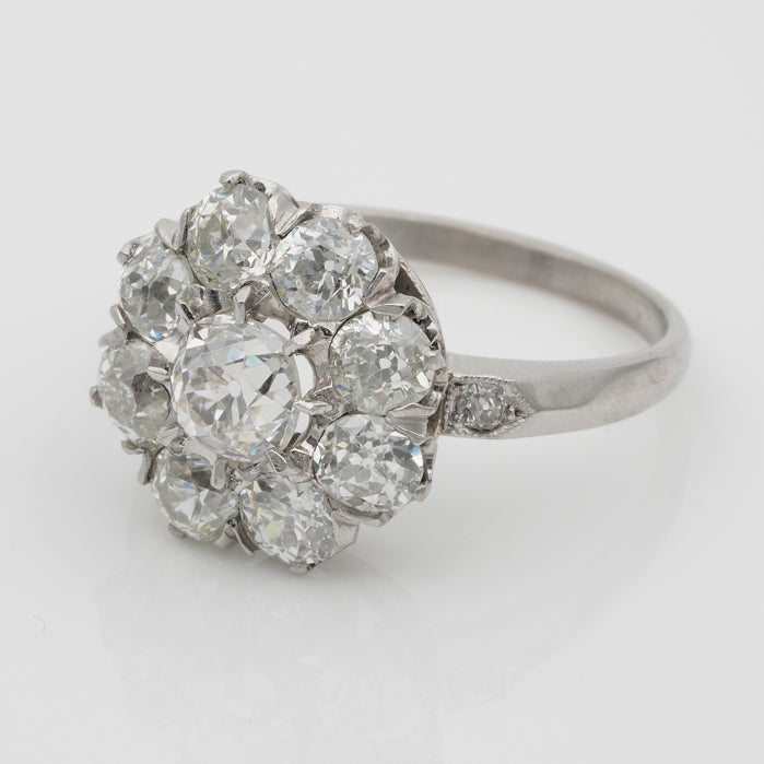 Edwardian Antique 3.15ct Old Cut Diamond Daisy Flower Cluster Engagement Ring in Platinum