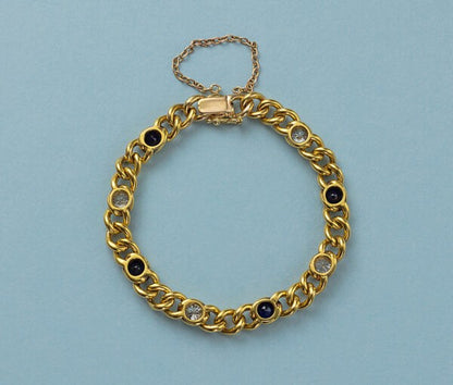Antique 18ct Gold Curb Link Bracelet with Diamonds and Sapphires