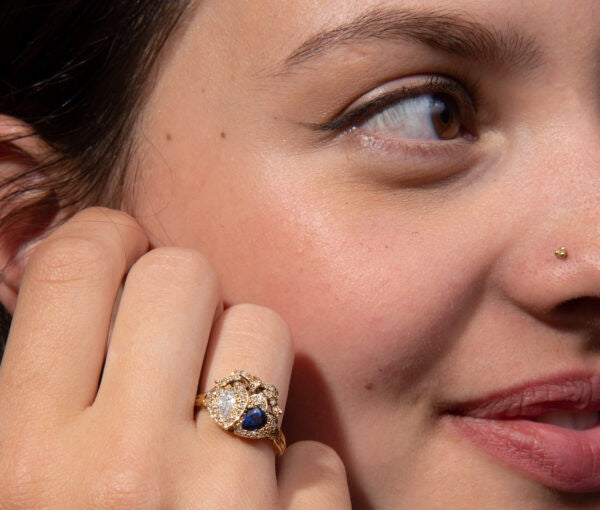 Vintage Sapphire and Diamond Double Heart and Bow Ring