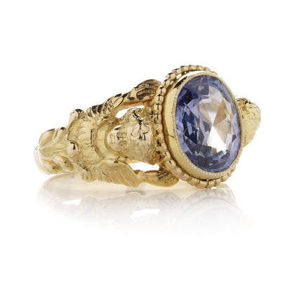 Antique Art Nouveau Natural Sapphire and 14ct Yellow Gold Cherub Ring