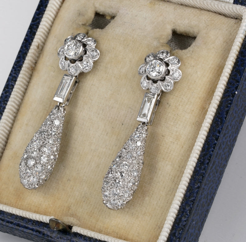 Art Deco 4.2ct Diamond Floral Cluster Dress Drop Earrings
