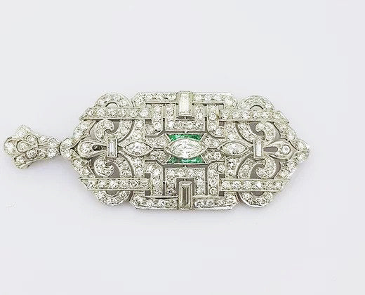 Antique Diamond and Emerald set Brooch Pendant; set with marquise and brilliant cut diamonds, central emerald border, geometric design, 18ct white gold