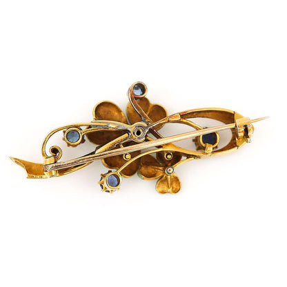 Antique Art Nouveau Sapphire Pearl and Enamel Flower Brooch in 15ct Gold