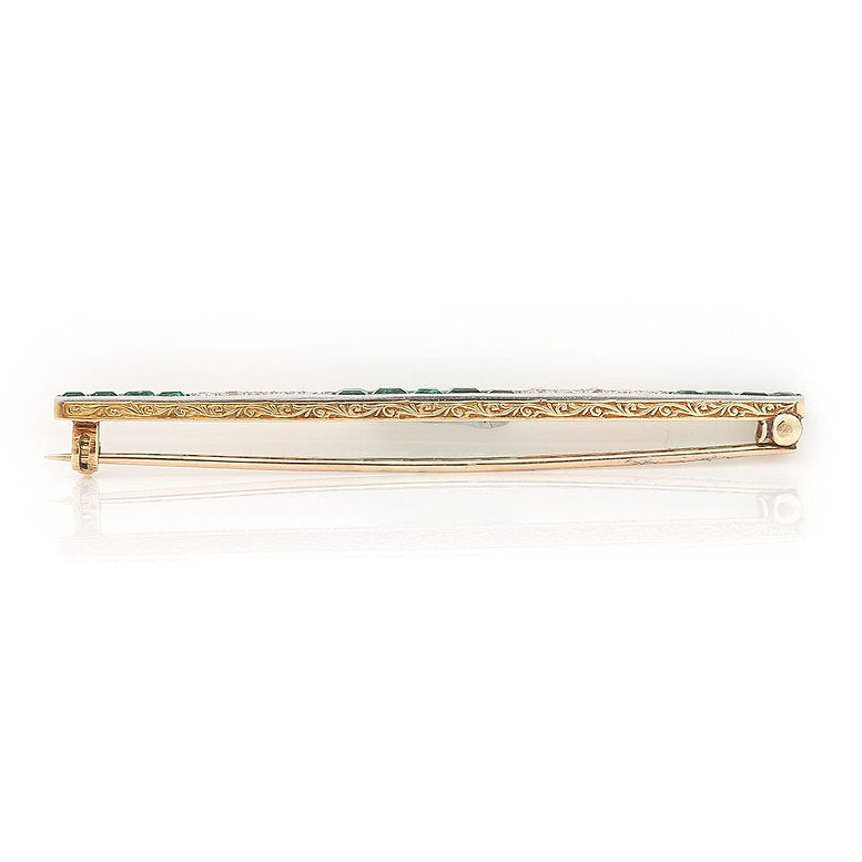 Art Deco Emerald and Diamond Bar Brooch 18ct yellow gold scroll carved gallery
