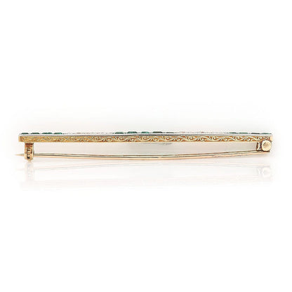 Art Deco Emerald and Diamond Bar Brooch 18ct yellow gold scroll carved gallery
