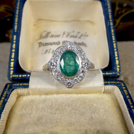 Art Deco Style Emerald and Diamond Cluster Plaque Ring, 1.35cts
