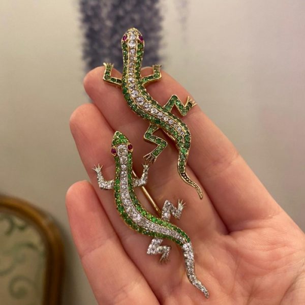Pair of Antique Demantoid Garnet, Diamond and Ruby Salamander Lizard Brooches, in 14ct yellow gold