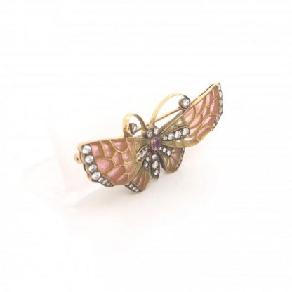 Red to Yellow Enamel Butterfly Brooch with Diamonds and Ruby