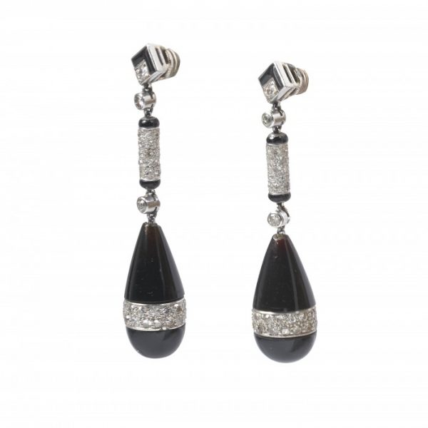 Art Deco Onyx Diamond Enamel Platinum Drop Earrings
