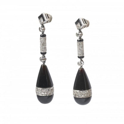 Art Deco Onyx Diamond Enamel Platinum Drop Earrings