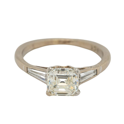 Late Art Deco 1.03ct Asscher Cut Diamond Solitaire Engagement Ring with Tapered Baguette Shoulders
