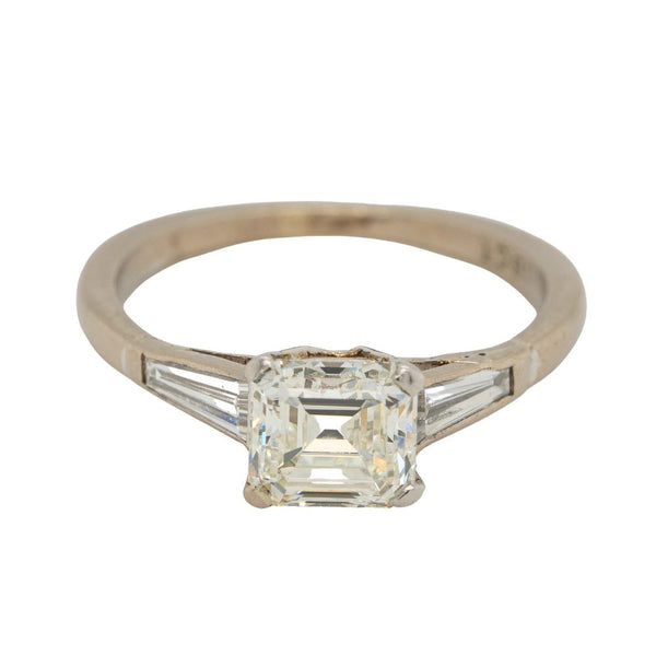 Late Art Deco 1.03ct Asscher Cut Diamond Solitaire Engagement Ring with Tapered Baguette Shoulders