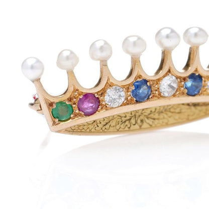 Art Deco 18ct Gold Crown Brooch with Multiple Gemstones and Pearls