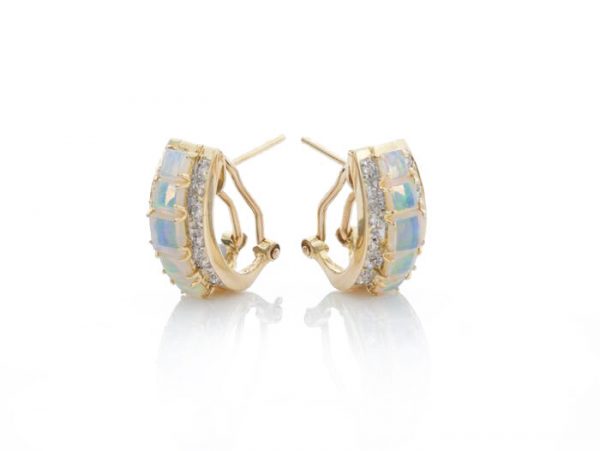 Vintage Opal and Diamond Half Hoop Earrings, Circa 1970s