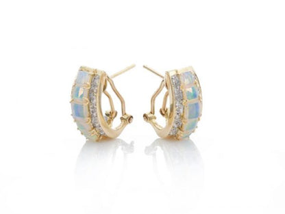 Vintage Opal and Diamond Half Hoop Earrings, Circa 1970s