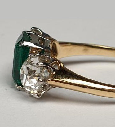 Certified 1.25ct Colombian Emerald and Old Cut Diamond Three Stone Ring