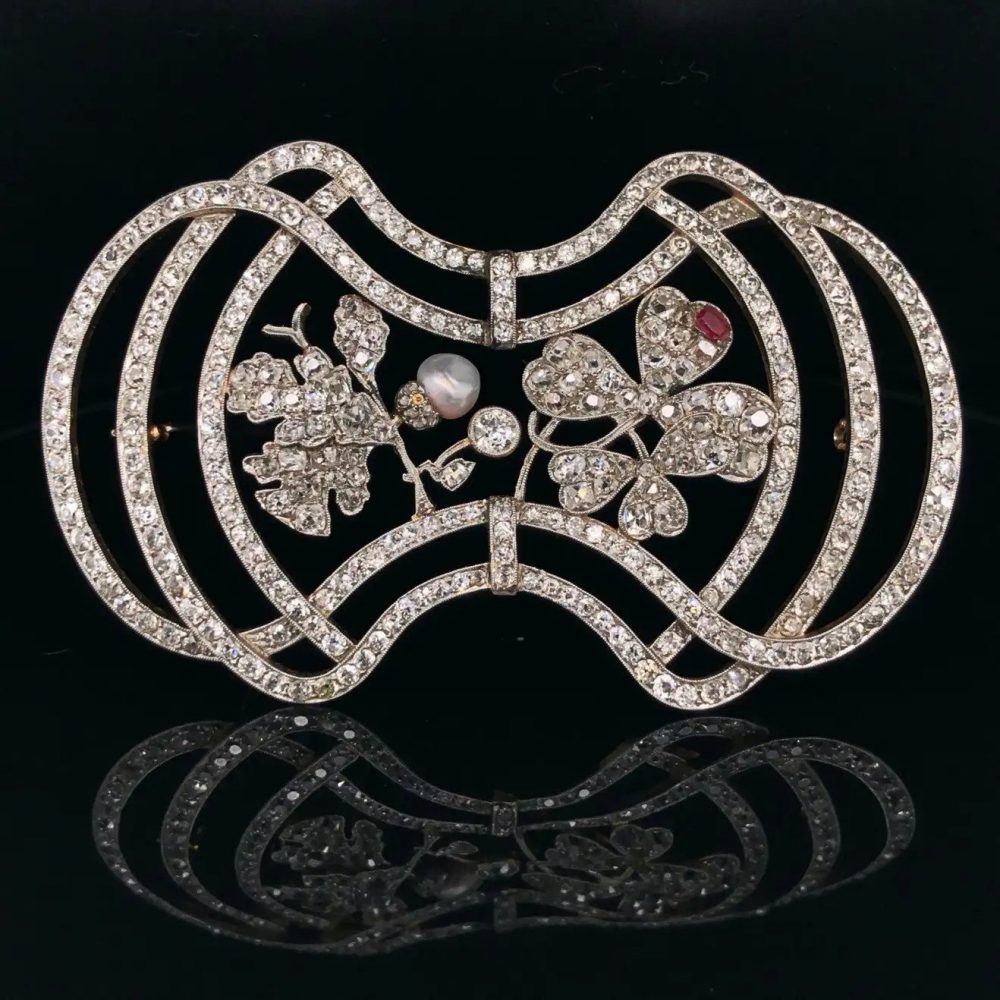 Art Nouveau Diamond Trefoil Brooch with Pearl and Ruby