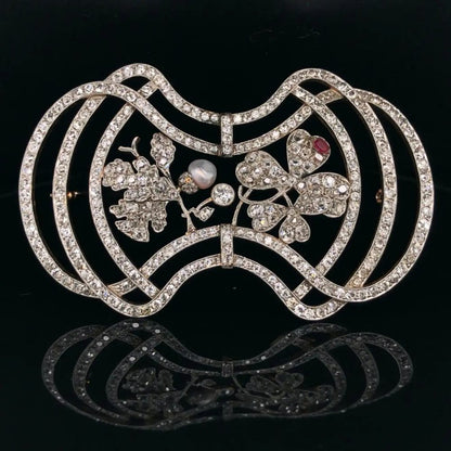 Art Nouveau Diamond Trefoil Brooch with Pearl and Ruby