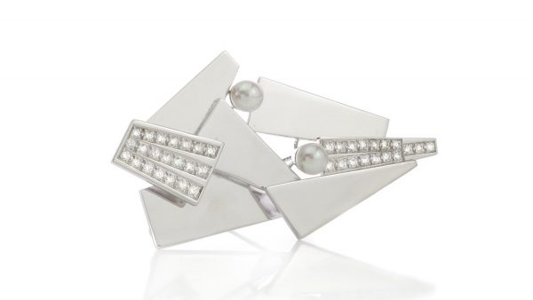 Vintage Natural Pearl, Diamond, 18ct Gold Geometric Brooch Pendant