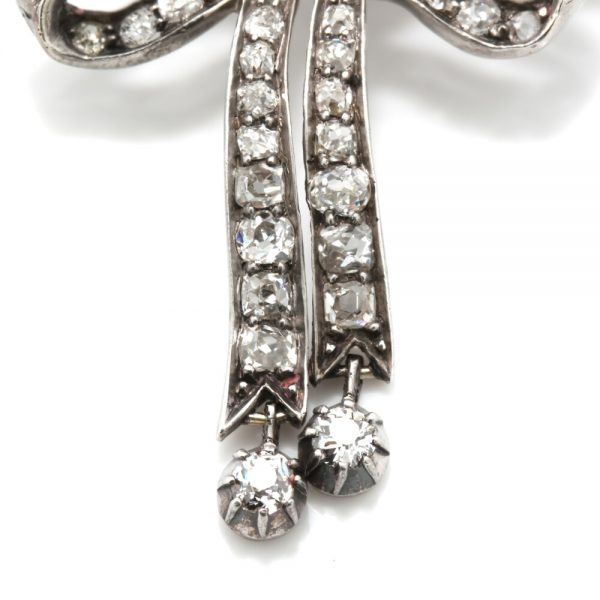 Antique Victorian Old Cut Diamond and Platinum Bow Brooch, 1.44 carat total, Circa 1890s