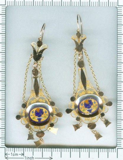 Georgian / Regency Enamel Filigree 18ct Gold Drop Earrings, Circa 1820