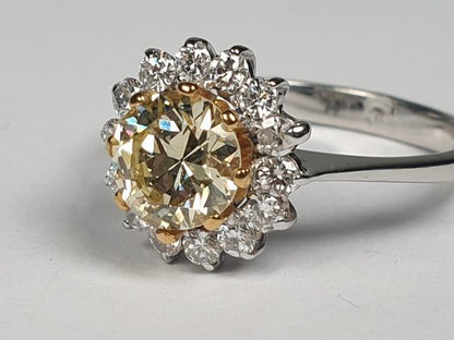 Old Cut 1.28ct Fancy Yellow Diamond Cluster Ring in Platinum