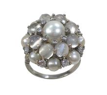 Cats Eye Moonstone and Pearl Cluster Bombe Cocktail Ring; set with 9cts pearls, 4.50cts cat’s eye moonstones and 0.65cts diamonds, in 18ct white gold