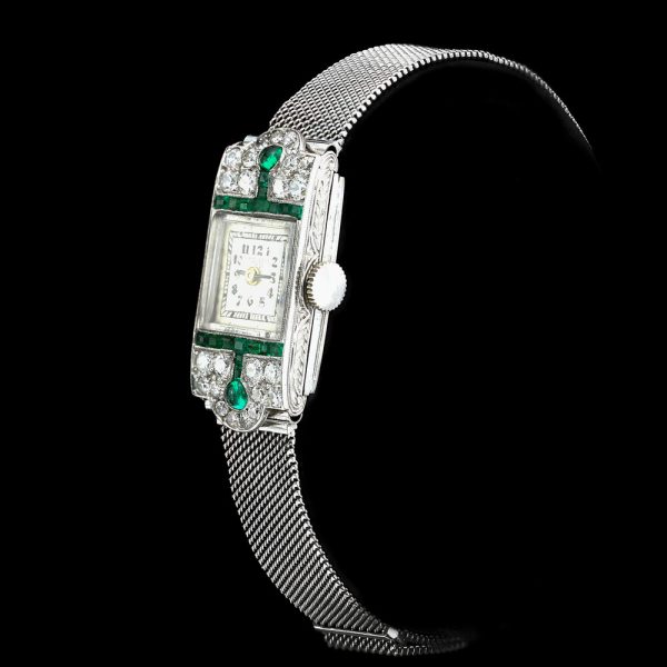 Art Deco Diamond Emerald and Platinum Cocktail Watch, Drecier and Co