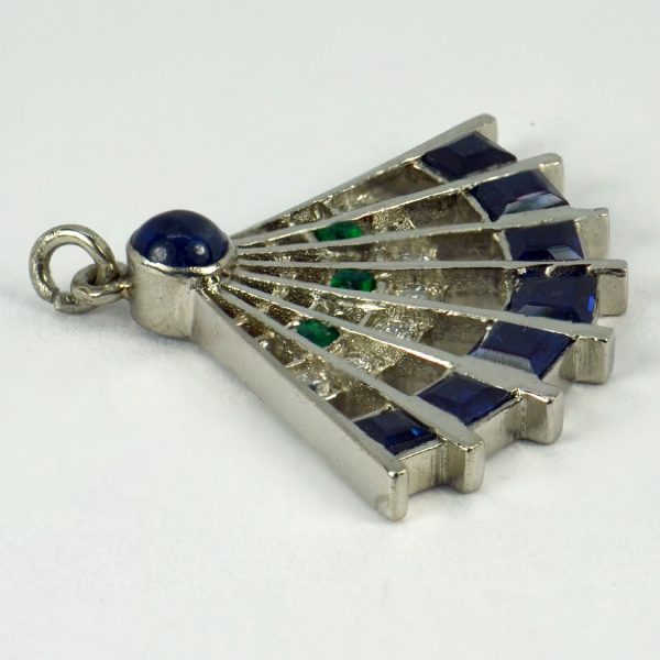 Art Deco Diamond, Sapphire and Emerald Fan Charm Pendant in Platinum
