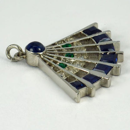 Art Deco Diamond, Sapphire and Emerald Fan Charm Pendant in Platinum