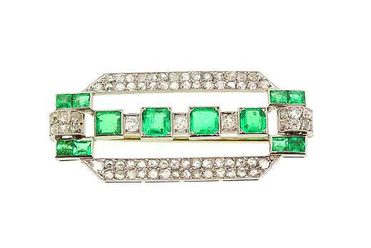 Antique Art Deco Columbian Emerald and Diamond Plaque Brooch