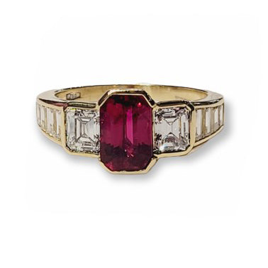 Emerald Cut Ruby and Diamond Trilogy Ring with Baguette Shoulders in 18ct Yellow Gold