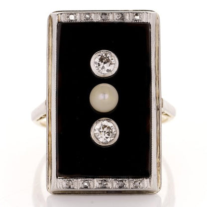 Art Deco Diamond Pearl and Onyx Plaque Ring