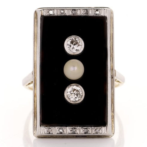 Art Deco Diamond Pearl and Onyx Plaque Ring