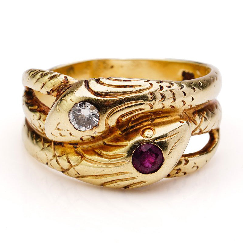 Vintage Yellow Gold Double Snake Ring with Ruby and Diamond
