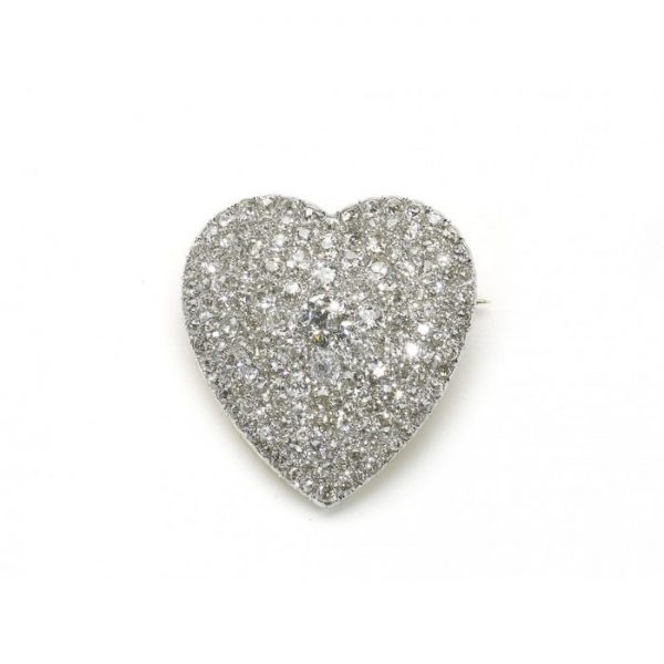 Vintage Old Cut Diamond Heart Brooch Pendant; pavé set with 6.50cts graduating old-cut diamonds, in platinum and 18ct yellow gold, Circa 1930