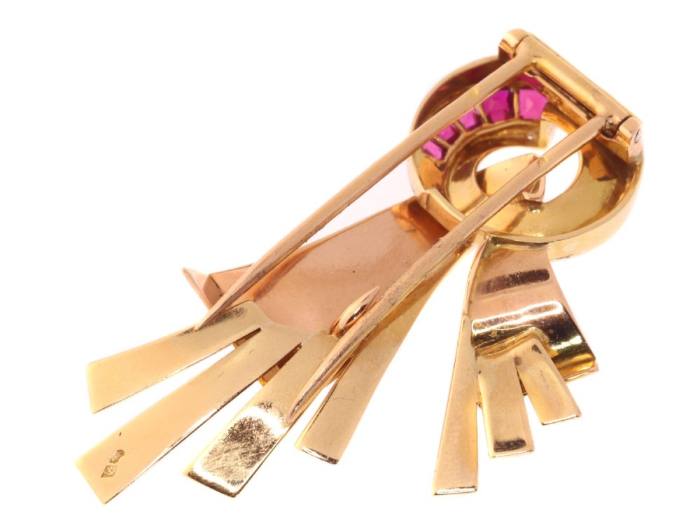 Vintage French Retro Channel set Ruby Brooch, 18ct Gold, Circa 1940