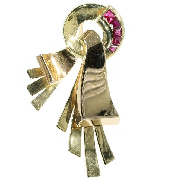 Vintage French Retro Channel set Ruby Brooch, 18ct Gold, Circa 1940