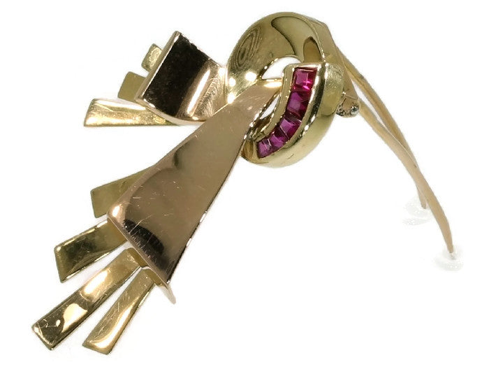 Vintage French Retro Channel set Ruby Brooch, 18ct Gold, Circa 1940