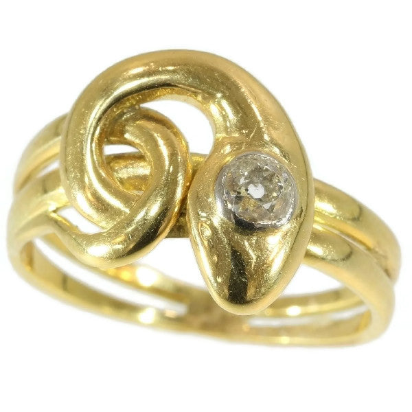 Antique Victorian Old Cut Diamond Snake Ring, 18ct Yellow Gold, c.1890
