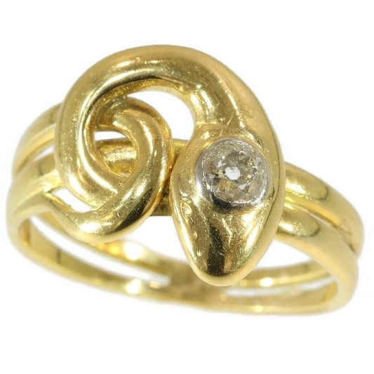 Antique Victorian Old Cut Diamond Snake Ring, 18ct Yellow Gold, c.1890