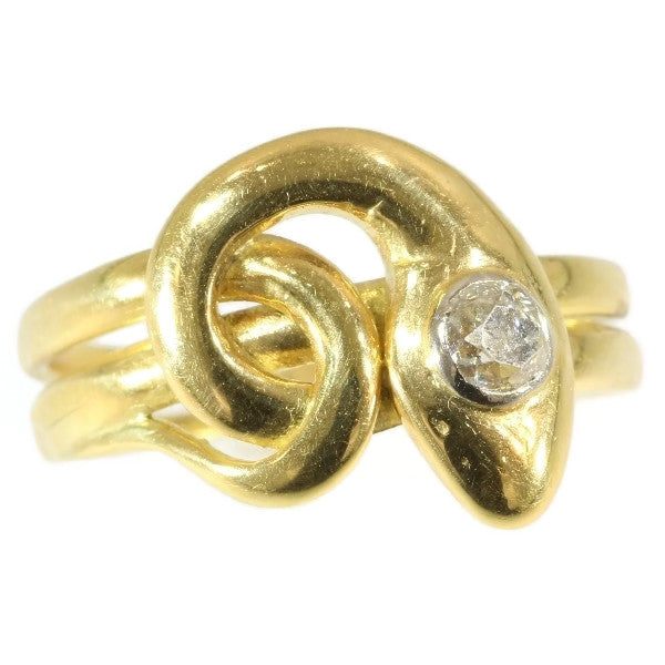 Antique Victorian Old Cut Diamond Snake Ring, 18ct Yellow Gold, c.1890