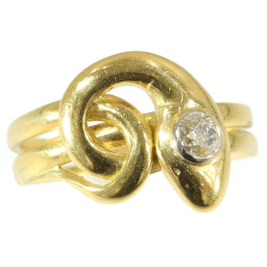 Antique Victorian Old Cut Diamond Snake Ring, 18ct Yellow Gold, c.1890