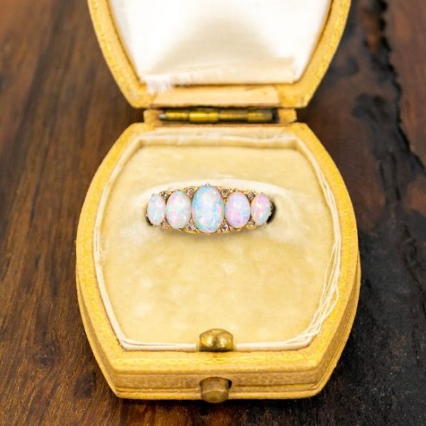 Antique Victorian Opal and Diamond Five-Stone Ring, Circa 1900